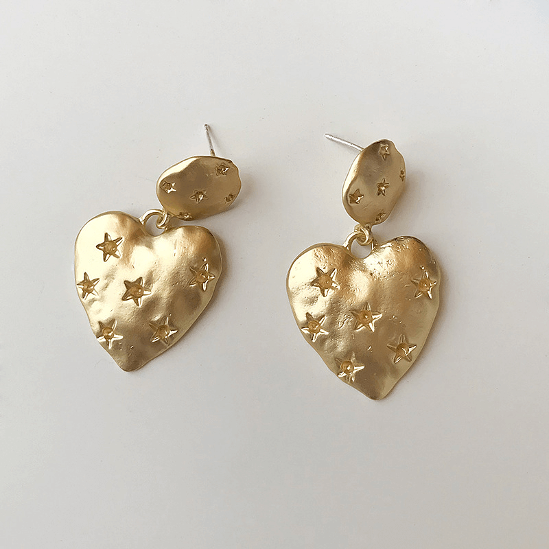 Vintage Matte Gold Heart Earrings - Sterling Silver with Star Design