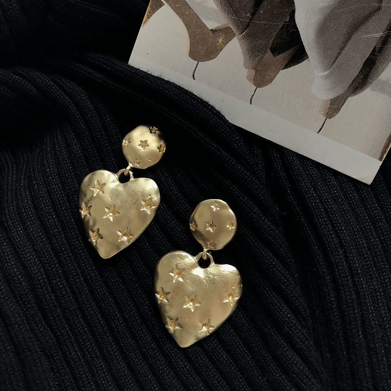 Vintage Matte Gold Heart Earrings - Sterling Silver with Star Design