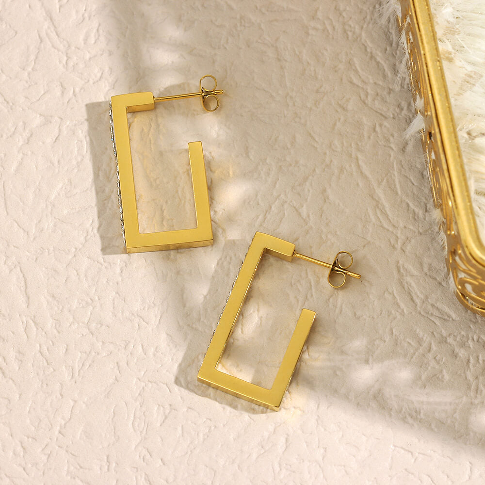 Gold-Plated Cubic Zirconia Earrings - Sparkling Rectangular-Shaped Jewelry
